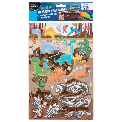 Opakovane použiteľné nálepky Kidea Dinosaury 27 3D nálepky + scenéria na hranie