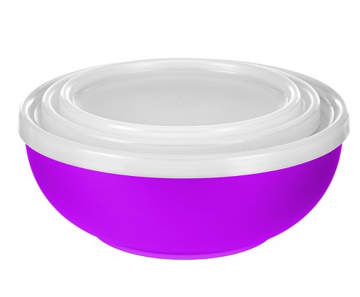 SET 3 ŠALÁTOVÉ MISKY S viečkom na POLIEVKU ŠALÁT JEDLO FIALOVÁ