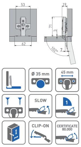 Hydraulický nábytkový pánt, tiché zatváranie, fi 35 GTV, 8000 cyklov
