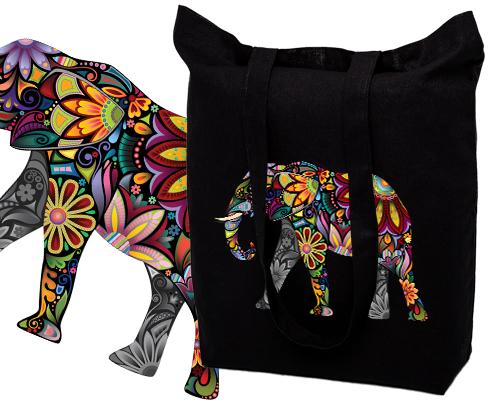 Bavlnená taška s potlačou ELEPHANT FOLK 38x42cm čierna hrubá 220g EKO