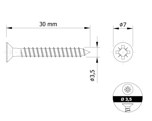 3,5 X 30 MM tvrdené kužeľové skrutky do dreva