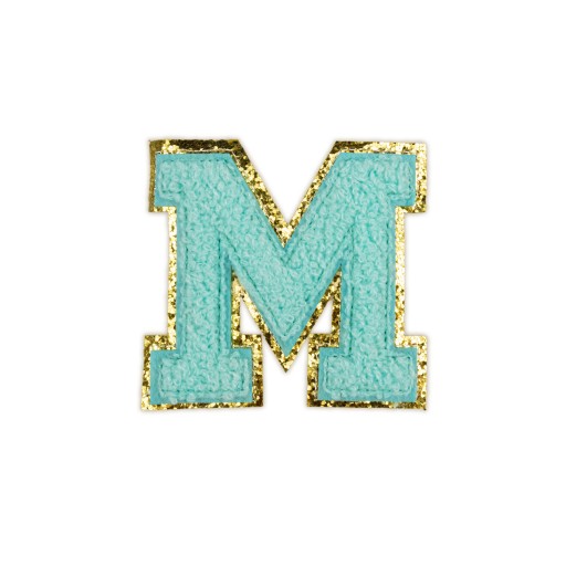PATCH LETTER M, azúrová, trblietka, modré písmo
