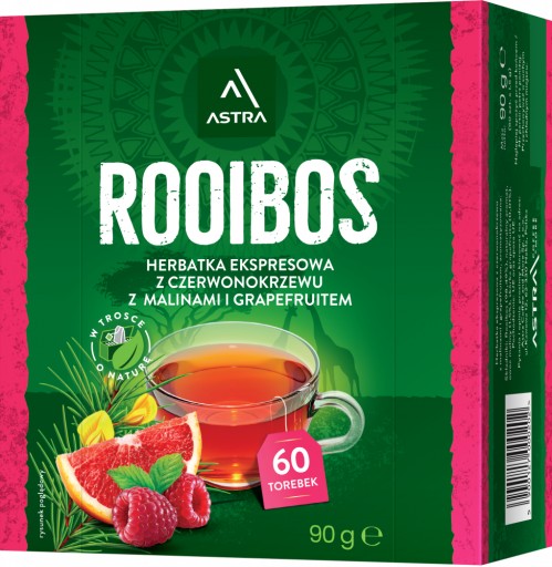 Bylinný čaj Astra Rooibos v sáčkoch, malina a grapefruit, 60 ks
