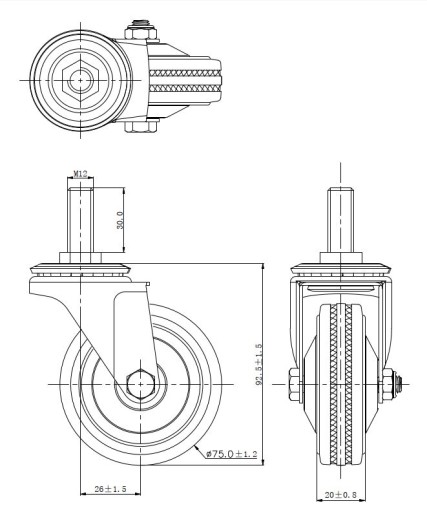 SADA OTOČNÝCH KOLIES BEŽECKÉ KOLESÁ GUMOVÉ VÍRITÉ KOLESO 75MM 50KG SHANK M12