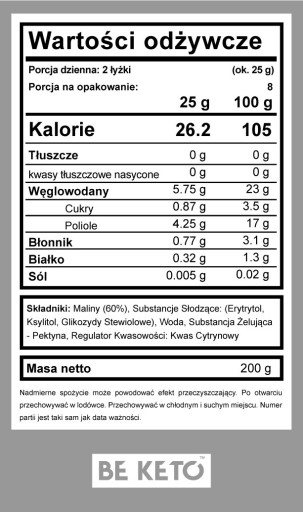 BeKeto SUPER MALINOVÝ DŽEM 200g Bez cukru, Prírodný