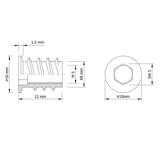 10x M5 x 12 mm nástrčná vložka, nábytková vložka do dreva, s imbusovým kľúčom 5