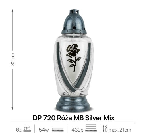 Sklenená ružová sviečka 32 cm strieborná DP720 s vymeniteľnou vložkou