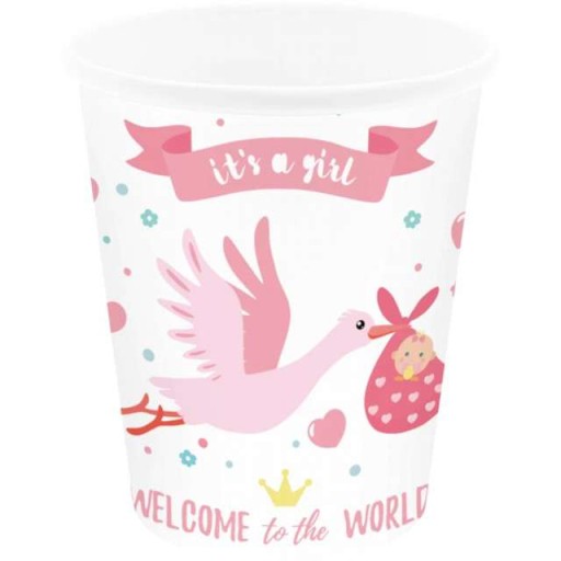 Baby Shower Stork Girl Ružové papierové poháre x6