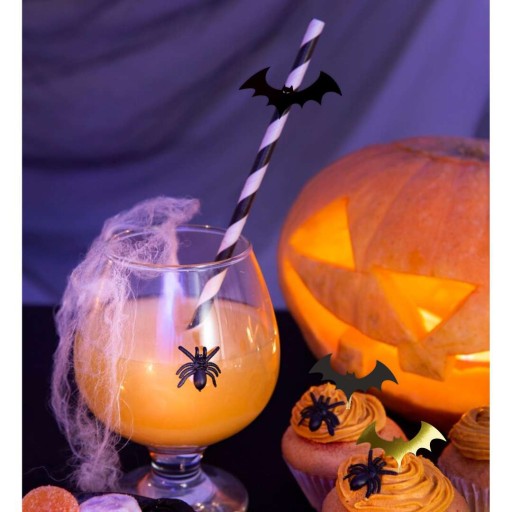 HALLOWEEN pruhované slamky s netopiermi ČIERNA x6