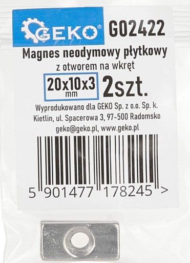 Neodymový tanierový magnet s otvorom na skrutku 20x10x3mm 2ks GEKO G02422