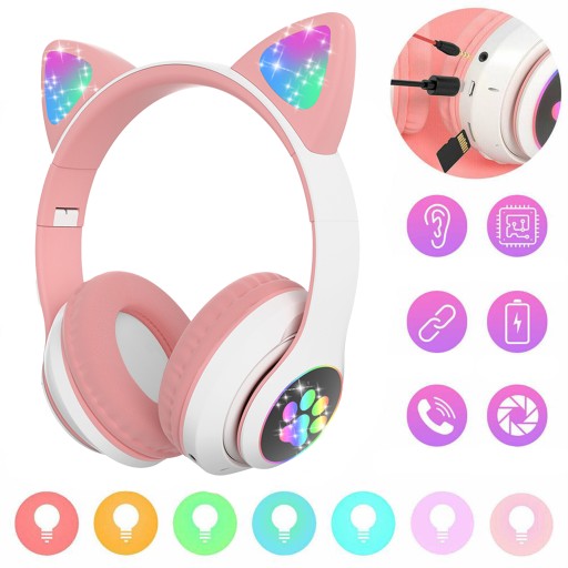 SLÚCHADLÁ PRE DETI BLUETOOTH LED RGB MAČACIE UŠI
