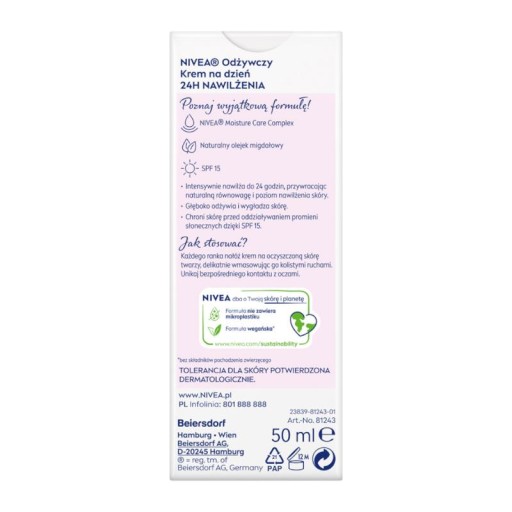 NIVEA 24H hydratačný výživný denný krém SPF15 50 ml
