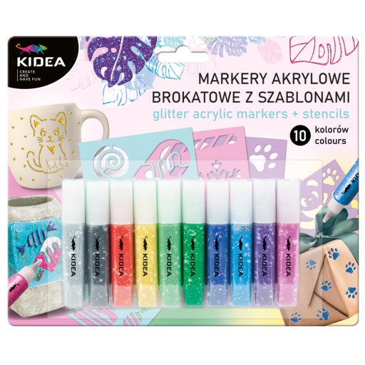 Akrylové glitrové fixky, 10 kusov, šablóny Kidea