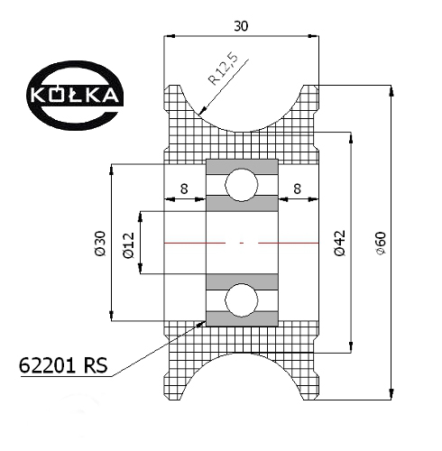 Rolka fi. Plast 60 mm, profilovaný, s ložiskami, pre 25 mm lano