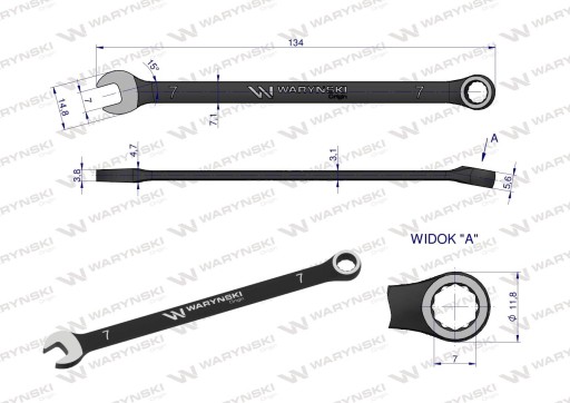 Kombinovaný kľúč 7 mm CrV štandard ASME B107-2010 Waryński