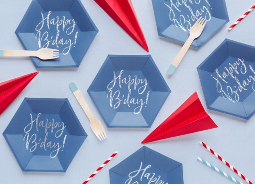 Navy Blue papierové taniere na narodeniny s nápisom HAPPY B'DAY 20 cm, 6 ks