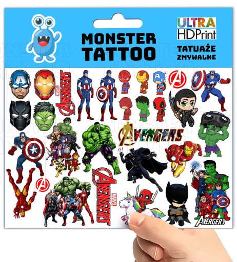 UMÝVAJÚCE DOČASNÉ TETOVANIE PRE DETI DETSKÉ AVENGERS ORIGINÁLNE DIZAJNY