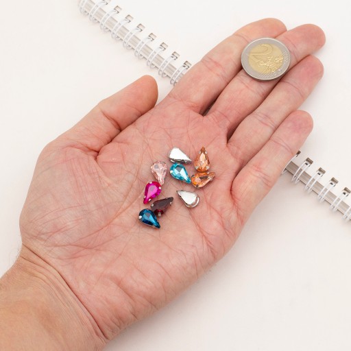 Štrasové kamienky na šitie v košíku, sklo a mosadz, kvapka, 12,5x8x5mm, 10ks