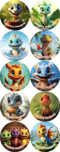 Nálepky Odvážny pacient 100 ks. 10 dizajnov! DRAČIE DINOSAURY! REZ!