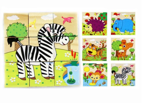 Náučné drevené kocky puzzle kocky puzzle Safari 6v1 9 kusov.