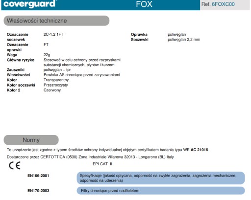 COVERGUARD OCHRANNÉ OKULIARE POLYKARBONÁT UV FOX CLEA