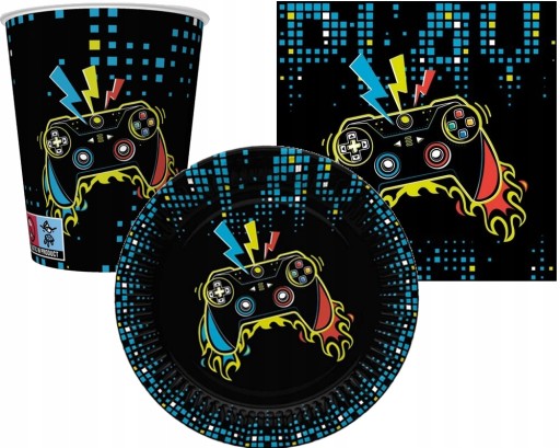 Súprava PLATES poháre obrúsky Play Joystick Pad Ø18cm 8 kusov pre hráča