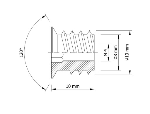 10x zásuvka M4 x 10 mm skrutkovaná do tvrdého materiálu, nábytková vložka, rampa
