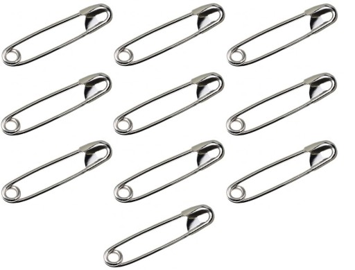 STRIEBORNÉ zatváracie špendlíky, poniklované, tuhé, ostré, na šitie dekorácií, 45 mm, 10 ks.