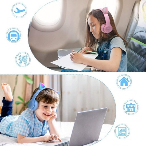 BEZDRÔTOVÉ SLÚCHADLÁ USB RGB LED MAČACIE UCHY PRE DETI BLUETOOTH