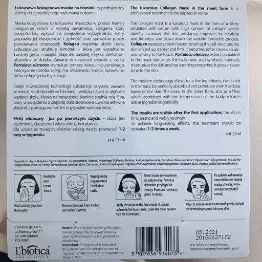 Kolagénová pleťová maska L'biotica, vyhladzujúca a liftingová, 23 ml