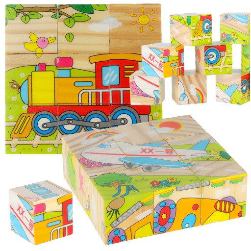 DREVENÉ BLOKY NÁUČNÉ PUZZLE VOZIDLÁ KOCKOVÉ 6 V 1 SADA 9 PRVKOV.