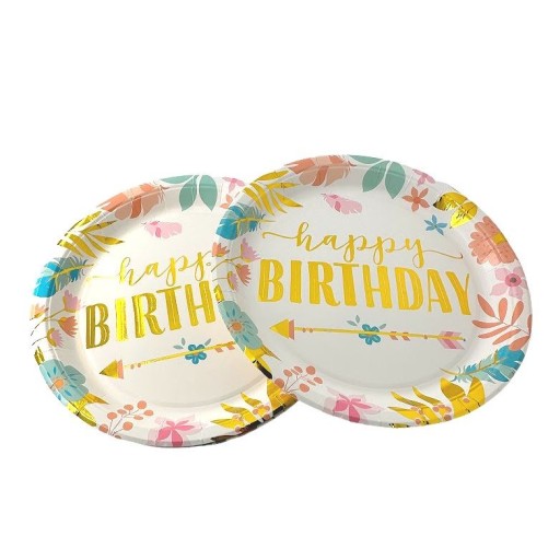 Papierové taniere 10 ks Happy Birthday 18cm BOHO FLOWERS zlaté Narodeniny