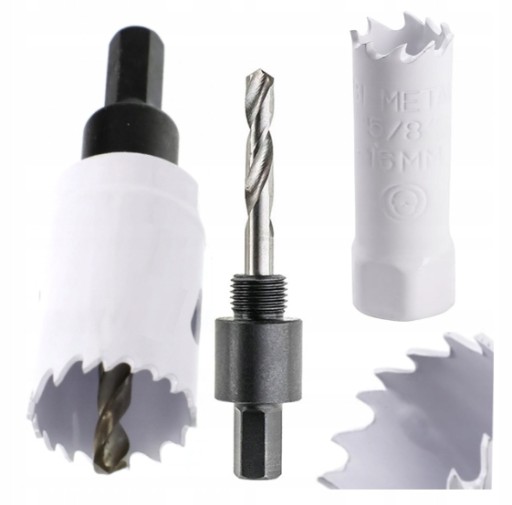 Dierovacia píla na drevo a kov, 16mm bimetalová korunka + sada HEX adaptérov