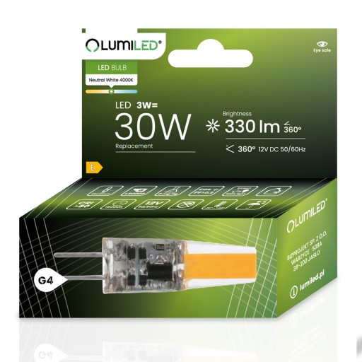 LED CAPSULE žiarovka MINI G4 3W = 30W 4000K NEUTRÁLNA FARBA COB 12V LUMILED