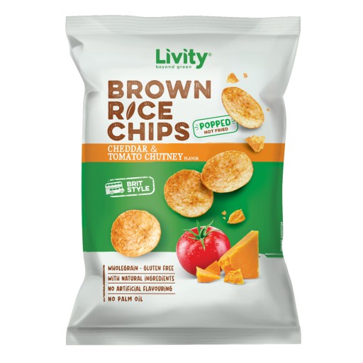 Ryžové chipsy LIVITY, príchuť čedar s paradajkovým chutney, bez lepku