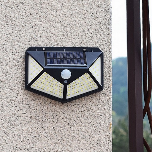 SOLÁRNA LAMPA 100LED S POHYBOVÝM A SÚMRAKOVÝM SNÍMAČOM, HALOGÉNOVÁ FASÁDA