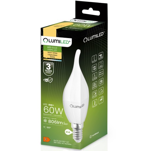E14 LED žiarovka FLAME 8W = 60W 3000K Teplá biela CCD LUMILED SVIEČKA