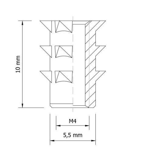 Zásuvka M4 x 10 mm zarazená do dreva bez nákružku