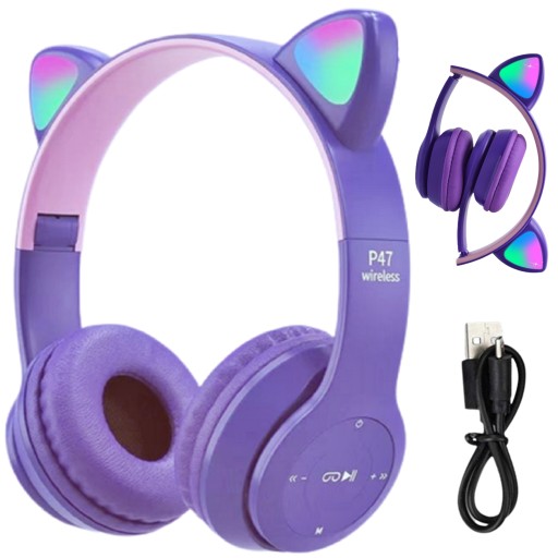BEZDRÔTOVÉ SLÚCHADLÁ USB RGB LED MAČACIE UCHY PRE DETI BLUETOOTH