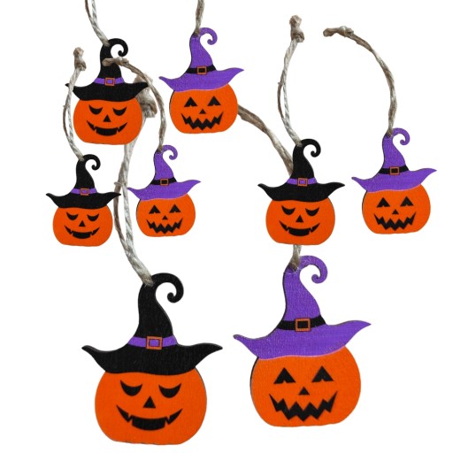 Halloweenske tekvice, tekvicové prívesky, preglejka, 8 ks.