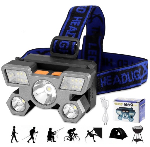 ČELOVÁ LAMPA 5 x LED VÝKONNÁ XPE USB BATÉRIA