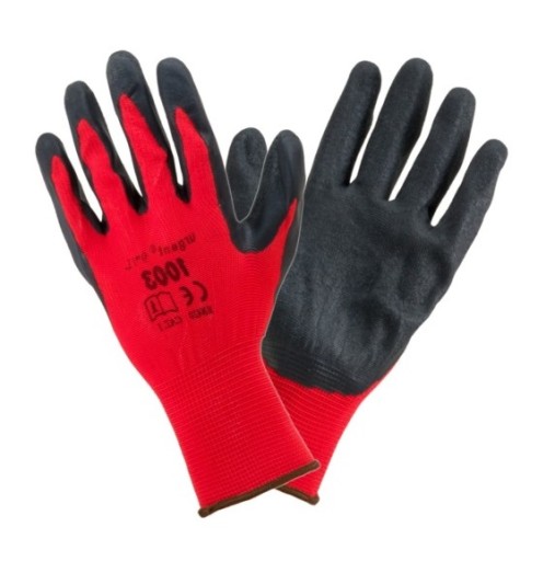 Pracovné rukavice polyester+latex červeno-čierne. 7/S