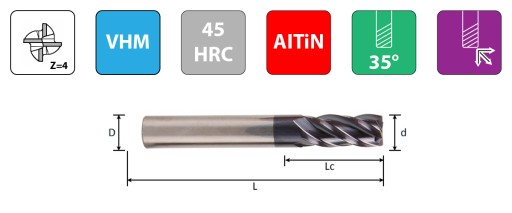 Tvrdokovová fréza VHM Fi4mm 4 čepele 45HRC AlTiN