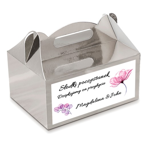 Strieborné tortové krabičky so svadobným štítkom + personalizácia