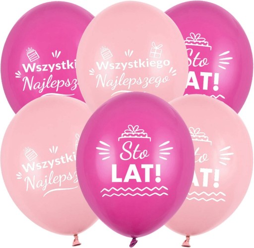Latexové BIRTHDAY balóny Sto Lat, poľský nápis, ružové, 30 cm, 10 ks.