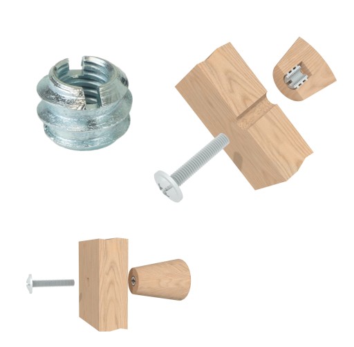 10x Nábytkový spoj M6 x 7 mm skrutkovaný do dreva, oceľová vložka so zárezom
