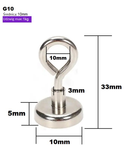 MAGNETICKÝ DRŽIAK SILNÝ NEODYMIOVÝ MAGNET S UCHOM Ø10 mm 1kg
