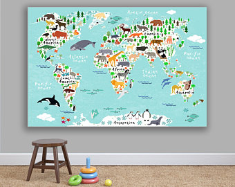 Mapa sveta zvierat na plátne pre deti 88x62