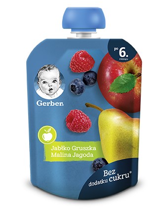 Gerber Mousse Dezert Jablko Hruška Malina Čučoriedka po 6 mesiacoch 80 g