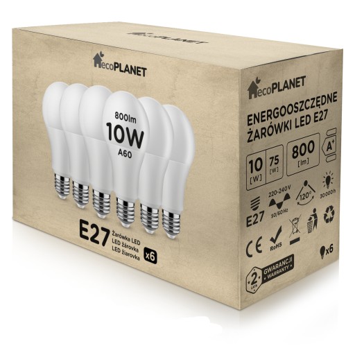 10x E27 A60 LED žiarovka 10W 800lm ecoPLANET COLORS